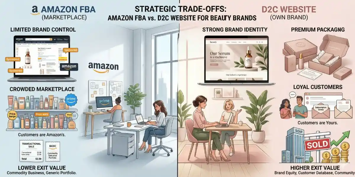 Amazon FBA vs D2C Website – Beauty Business Comparison basied on Brand Equity & Exit Value