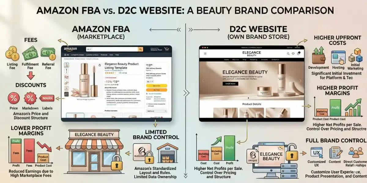 Amazon FBA vs D2C Website – Beauty Business Comparison basied on Margins, Costs & Control