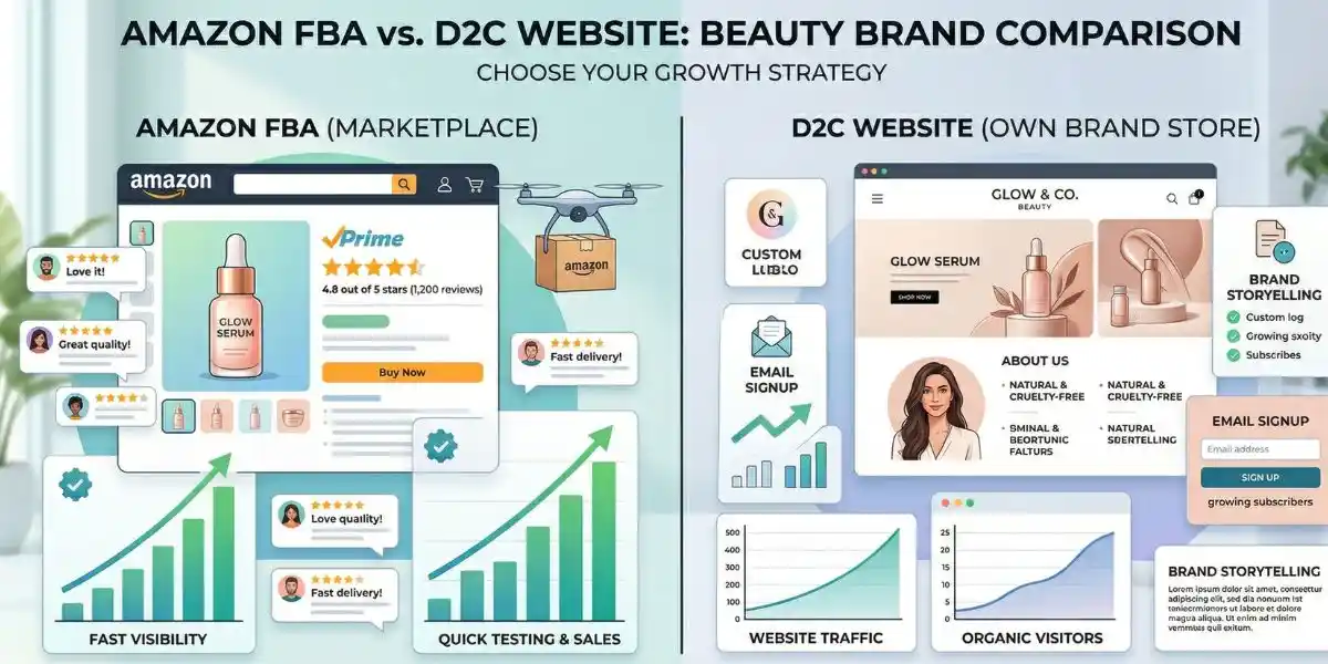 Amazon FBA vs D2C Website – Beauty Business Comparison basied on Visibility, Speed & Validation